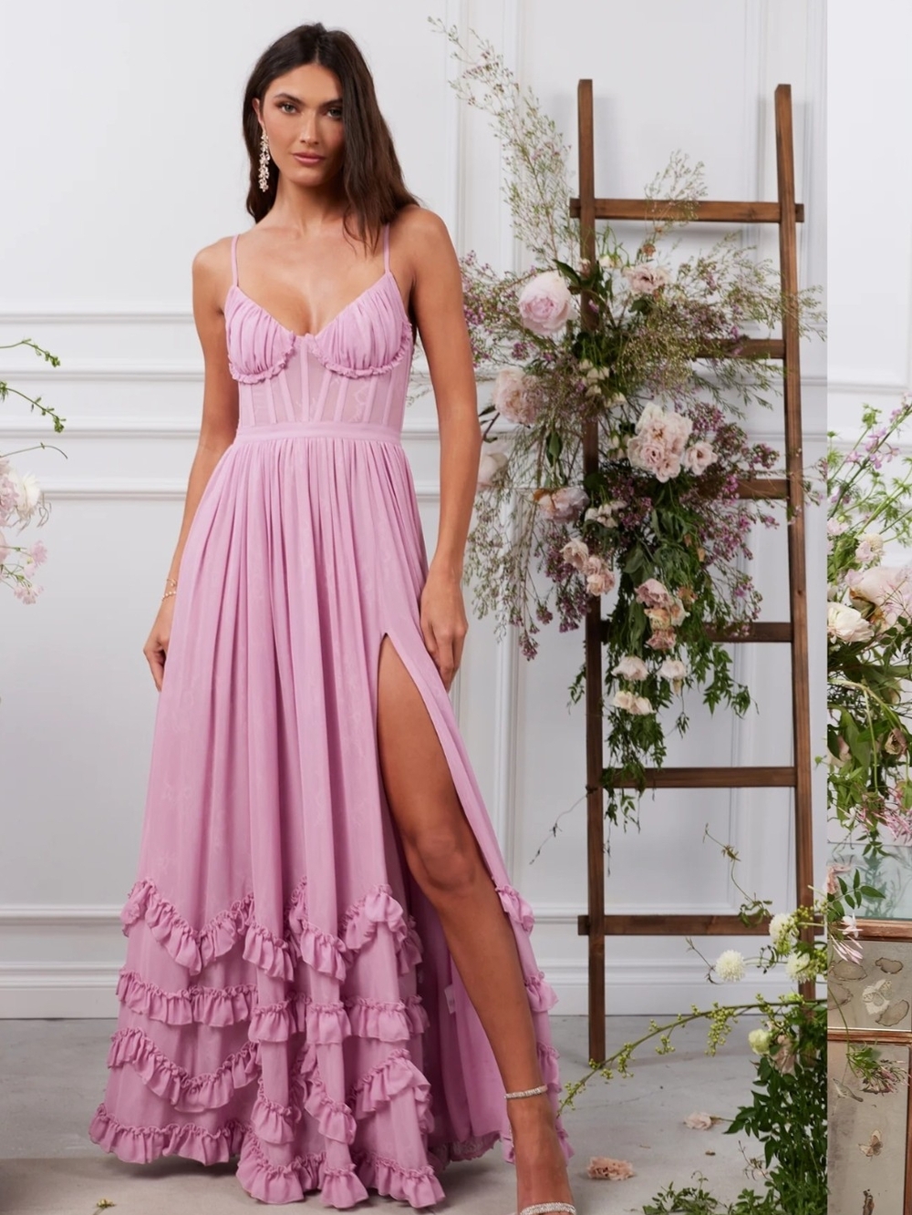 Romantic Pink Ruffle Maxi Dress with Thigh Slit